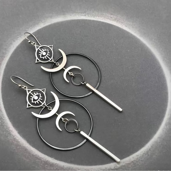 Half Moon Evil Eye Hoop Drop Earrings - Picture 4 of 4